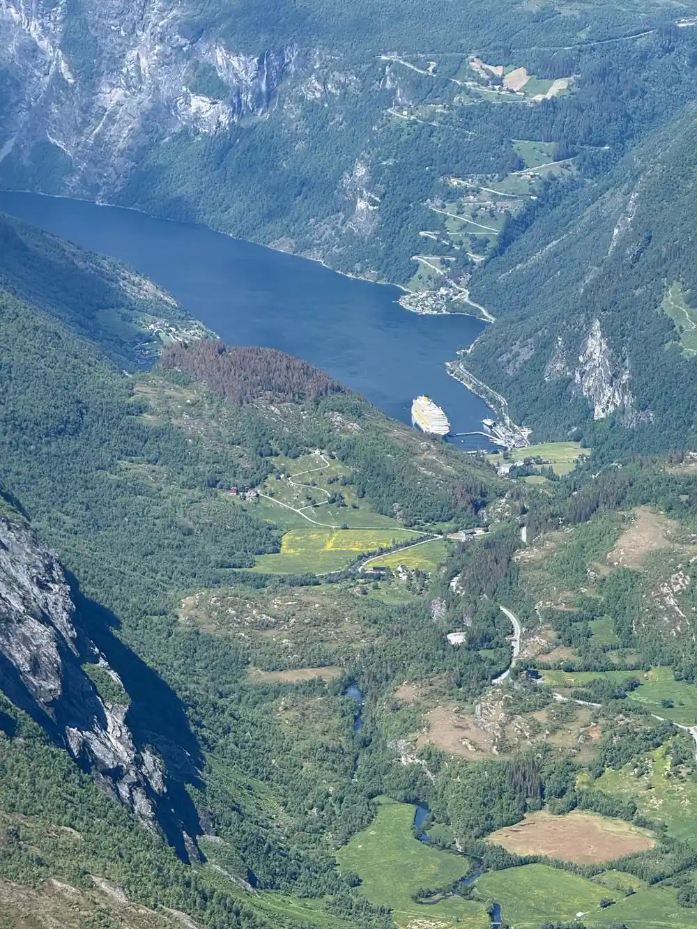 Aerial view of blue fjord with green valleys and farms