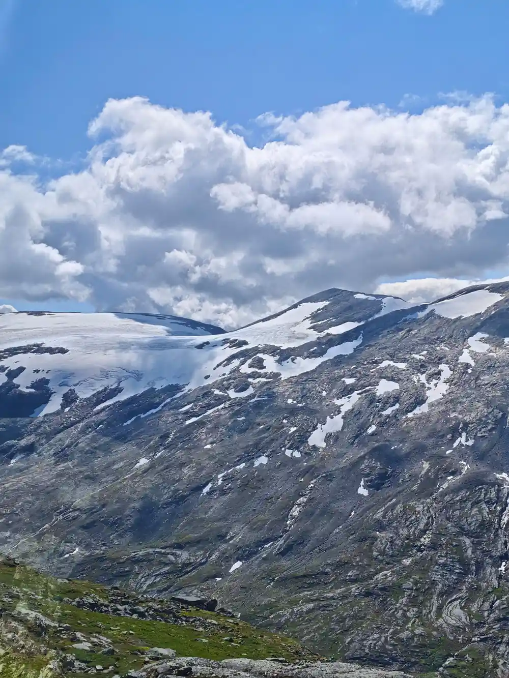 Alpine glacier with snow patches and green meadow slopes