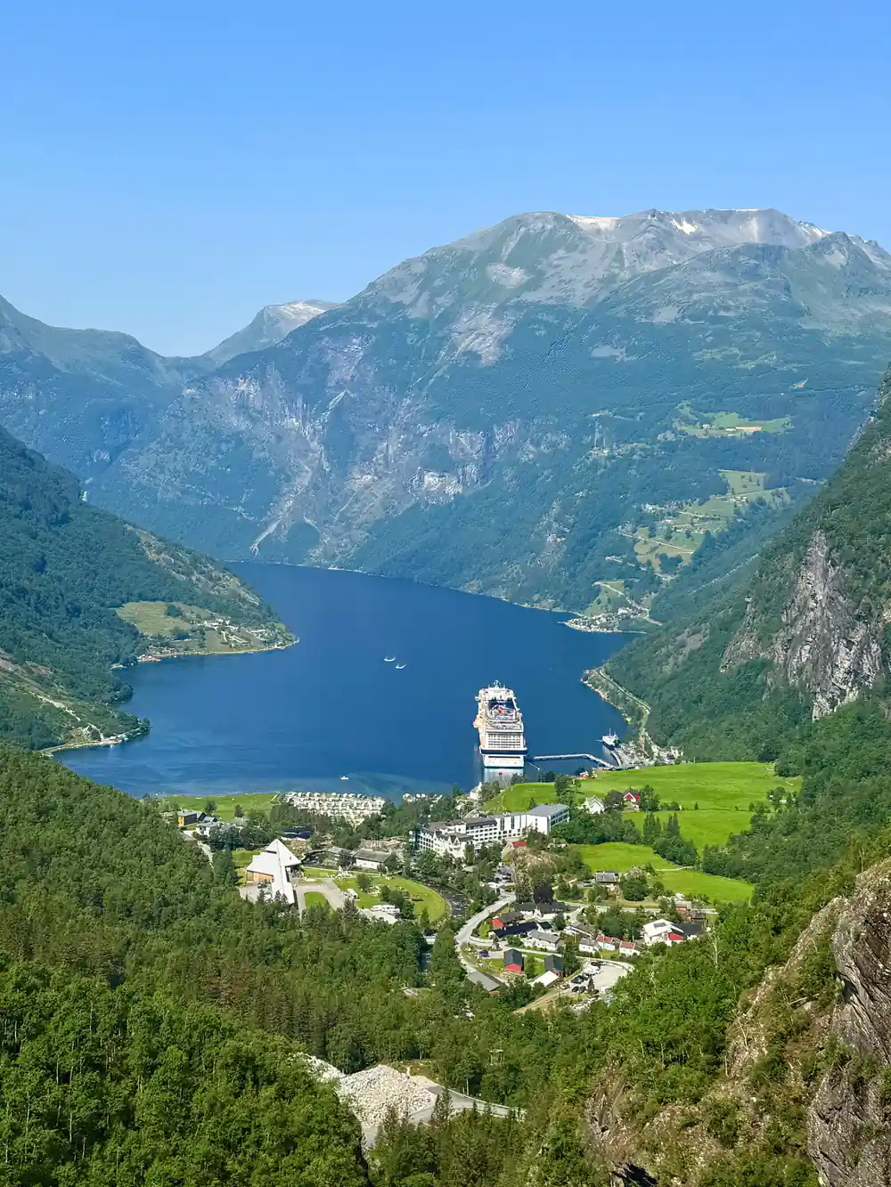 Cruise ship in deep fjord surrounded by steep green slopes