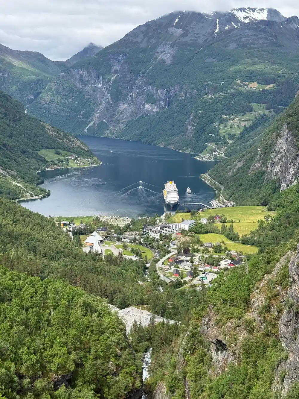 Deep fjord with cruise ship, village, and steep forested cliffs