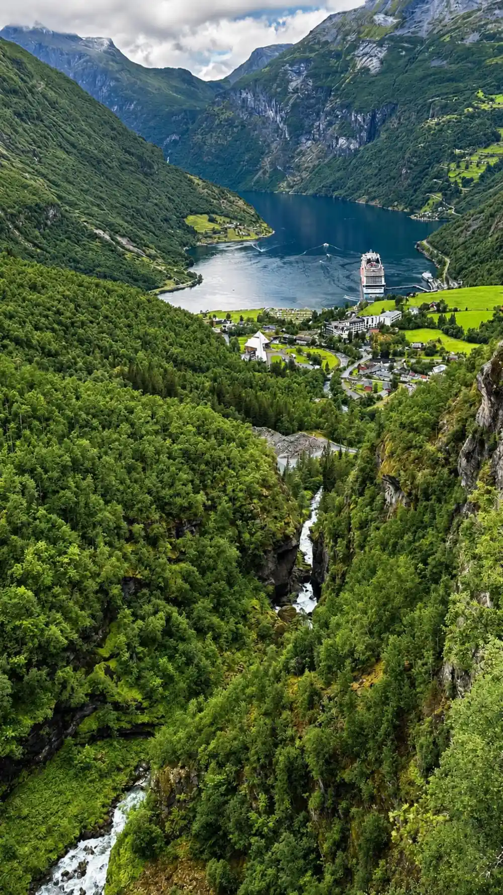Deep fjord with cruise ship, waterfall, dense forest valley