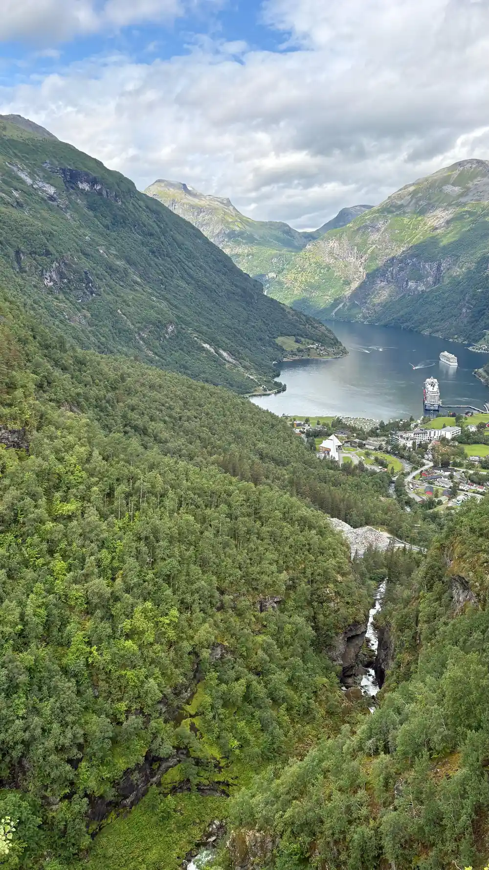 Deep fjord with village nestled below steep cliffs