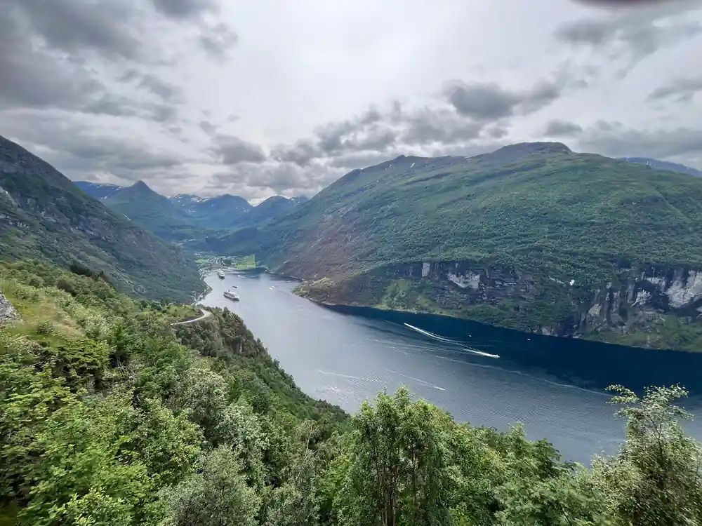 Fjord with green forested sides and blue water