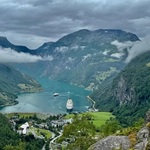 Geiranger village and fjord seen from high above the valley
