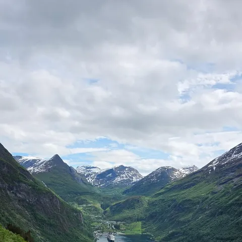 Geirangerfjord and its green valley seen from the Eagle Road