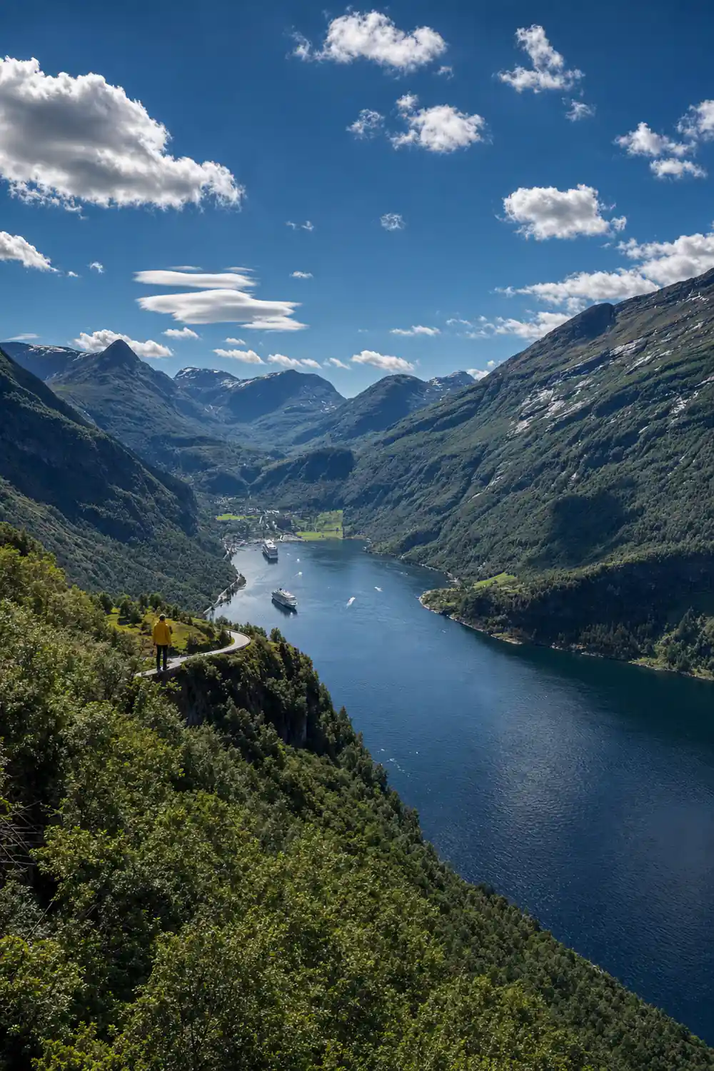 High altitude fjord with boats and forested mountain slopes