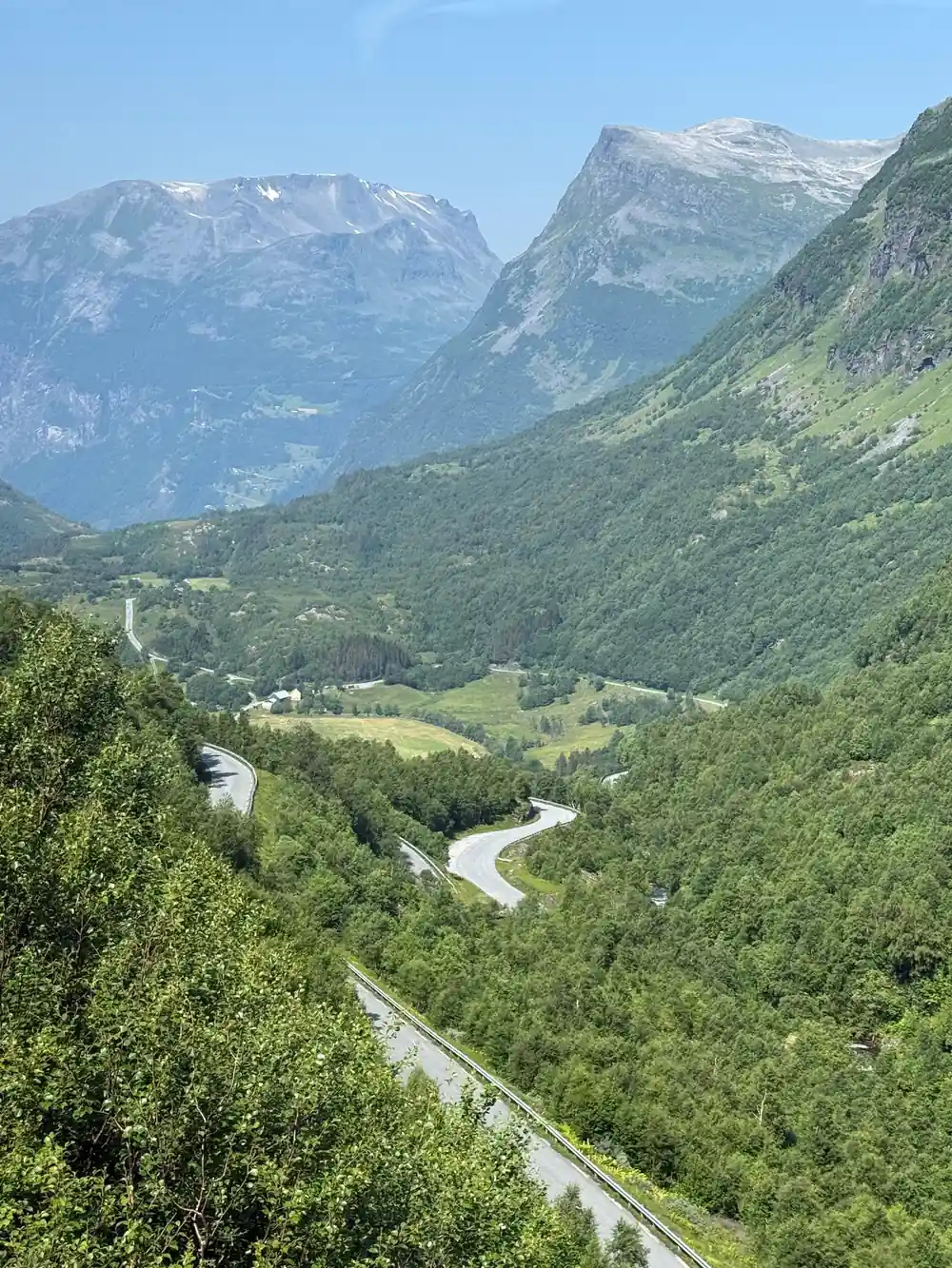 Winding river through forested valley with distant peaks